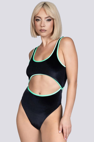 Midnight Crush Cut Out Thong Bodysuit - Black Velvet Stripper Outfit