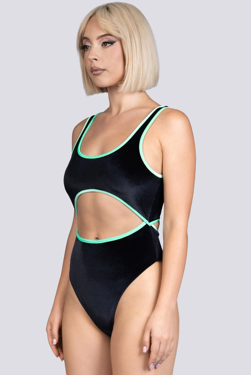 Midnight Crush Cut Out Thong Bodysuit - Black Velvet Pole Wear