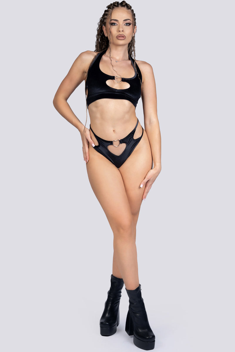 Midnight Crush Heart Ring Halter Top - Black Velvet Exotic Dancewear