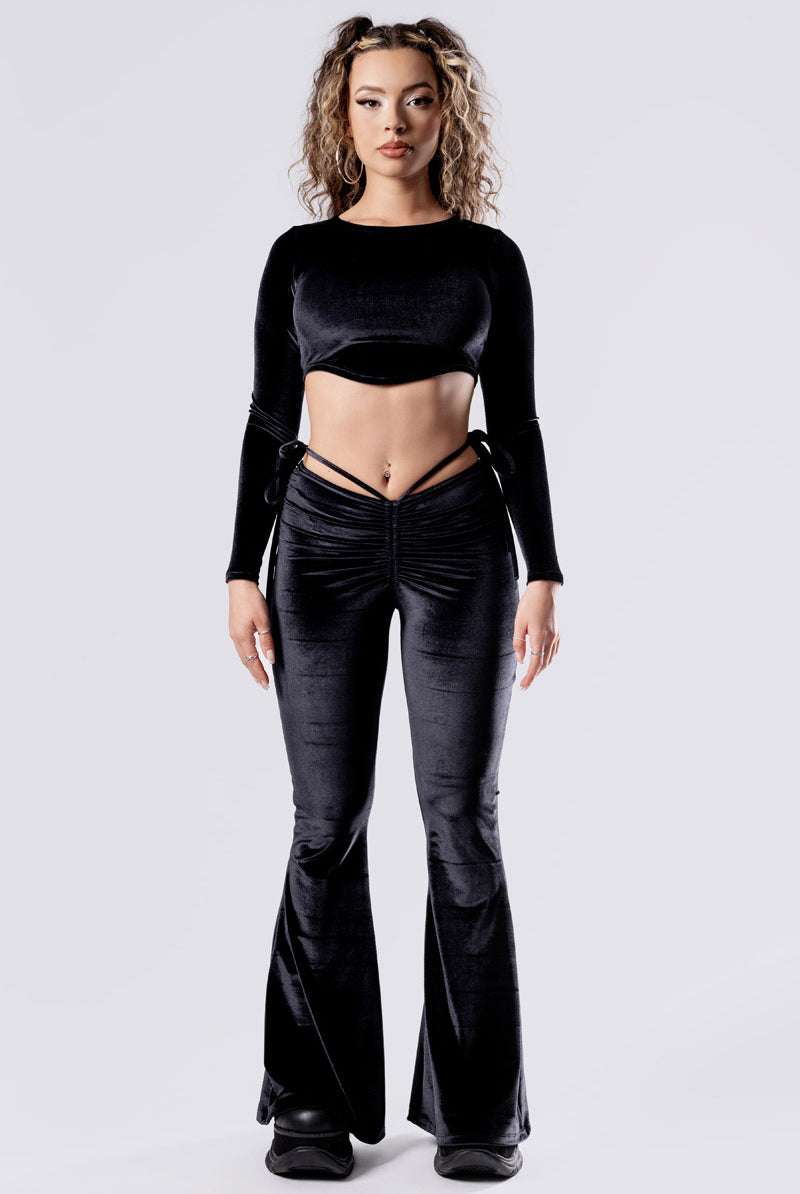 midnight-crush-hip-strap-flare-pants-black-velvet-front-view