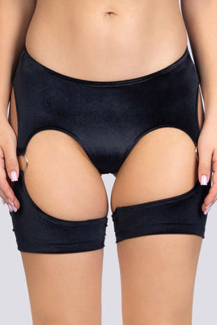 Midnight Crush O-Ring Harness Booty Shorts - Black Velvet Stripper Outfit