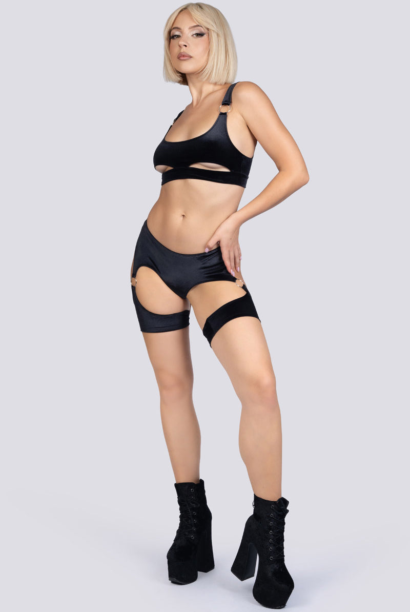 Midnight Crush O-Ring Underboob Cutout Crop Top - Black Velvet Stripper Wear