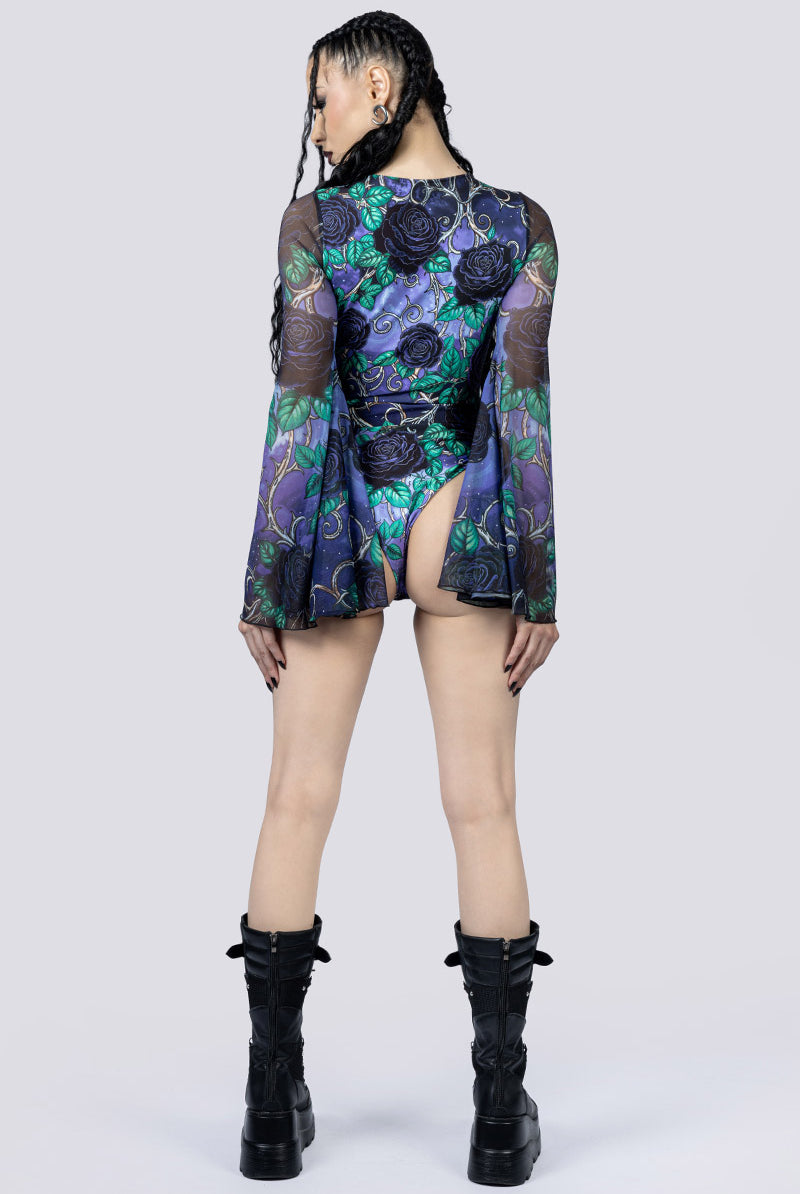 Midnight Roses Bell Sleeve Lace Up Bodysuit Back Goth Fashion