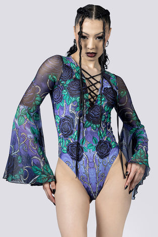 Midnight Roses Bell Sleeve Lace Up Bodysuit Close Up Goth Clothing
