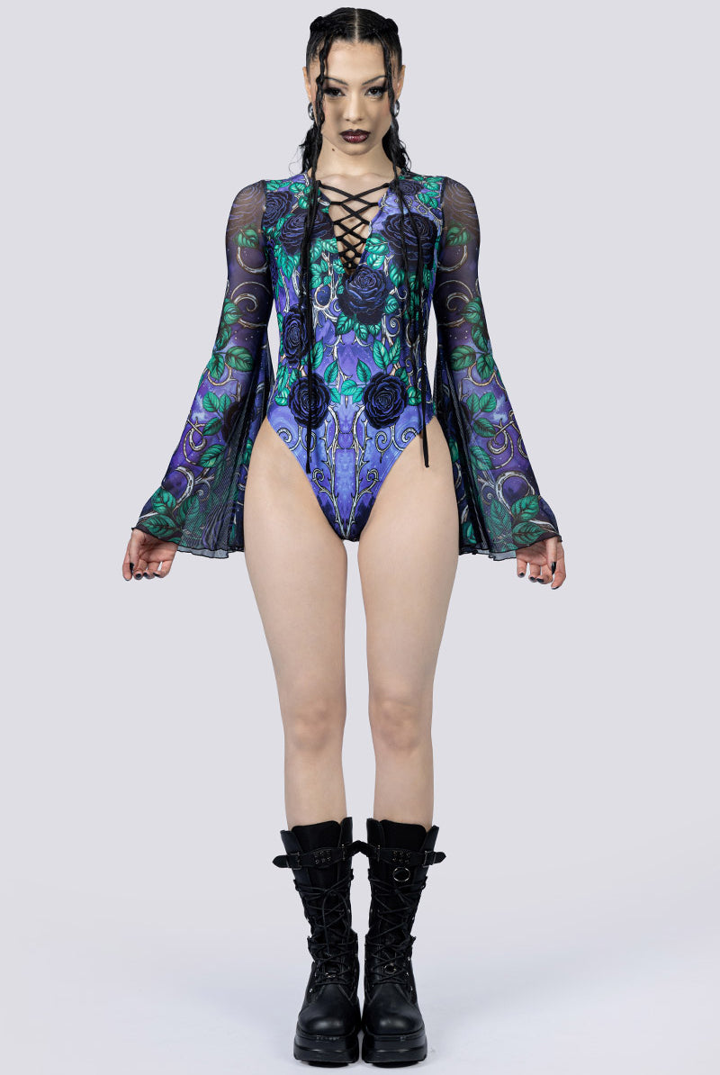 Midnight Roses Bell Sleeve Lace Up Bodysuit Front Gothic Outfits