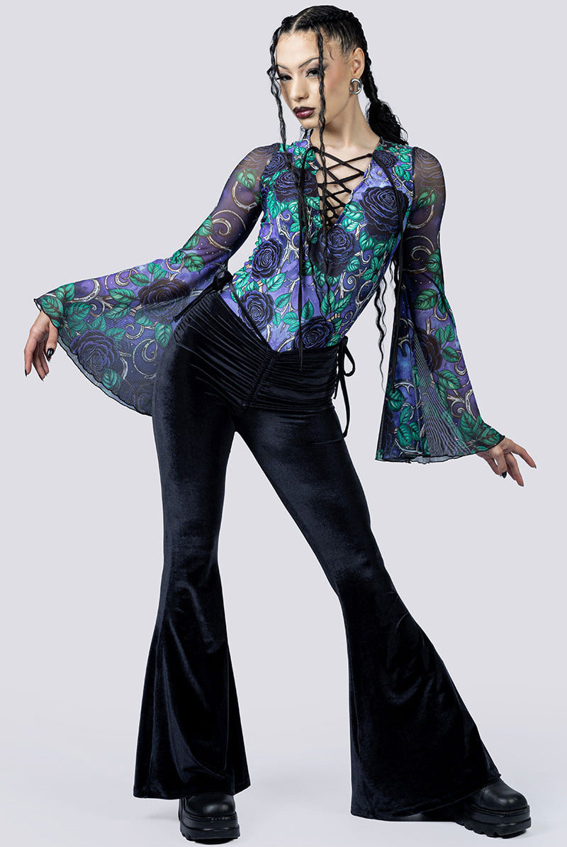 Midnight Roses Bell Sleeve Lace Up Bodysuit Pants Front Gothic Clothes