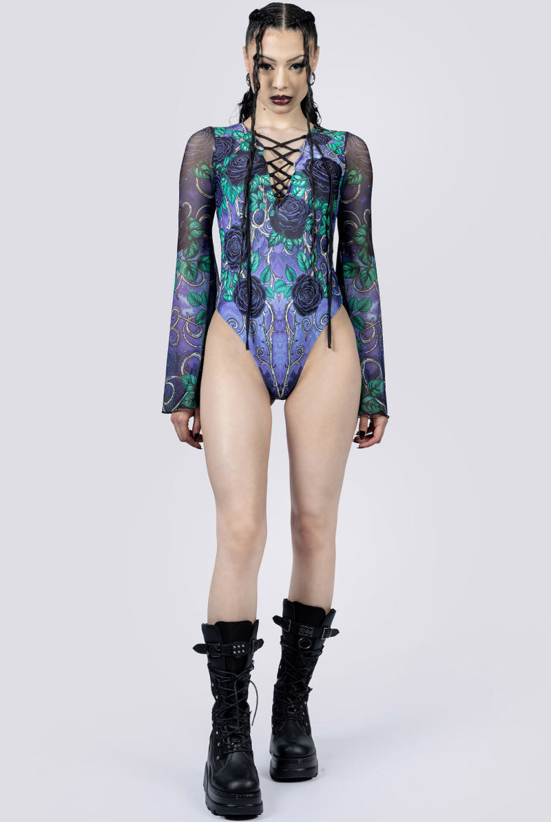 Midnight Roses Bell Sleeve Lace Up Bodysuit Gothic Clothing