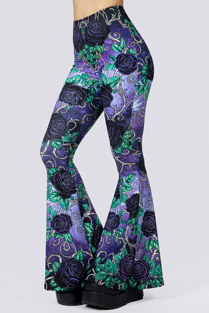 Midnight Roses Flare Pants Close Up Goth Clothing
