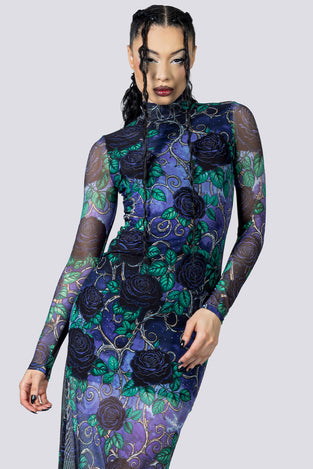 Midnight Roses Mesh Long Sleeve Dress Close Up Goth Clothing