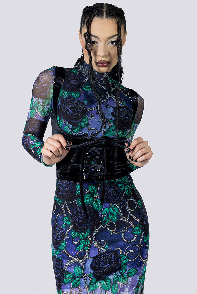 Midnight Roses Mesh Long Sleeve Dress Corset Close Up Goth Wear