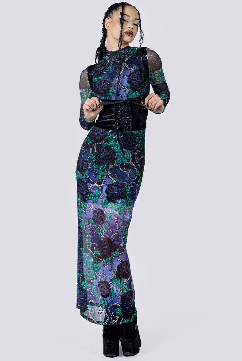 Midnight Roses Mesh Long Sleeve Dress Corset Front Gothic Clothing