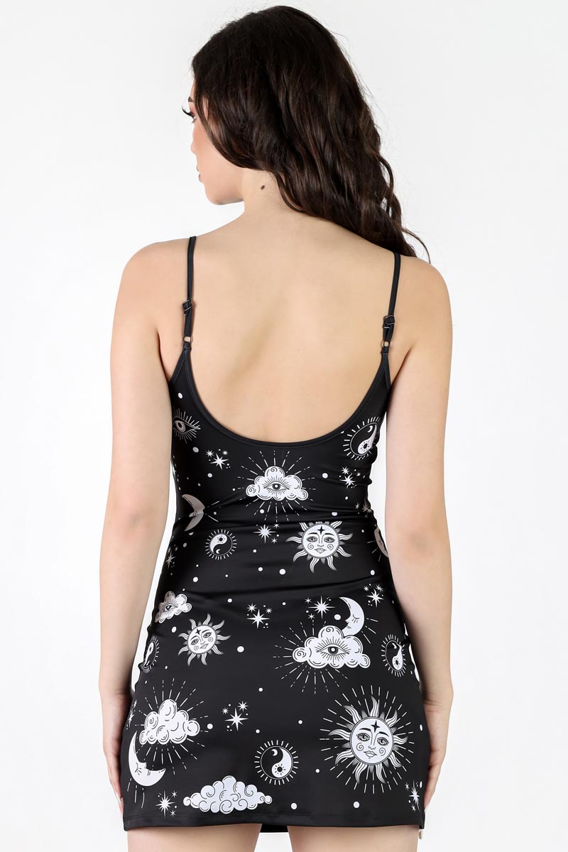 Midnight Sky Mini Strappy Dress, Goth Mini Dress, Black Sun & Moon Above The Knee Dress, Printed Celestial Spandex Dress, Gothic Short Dress, Xs
