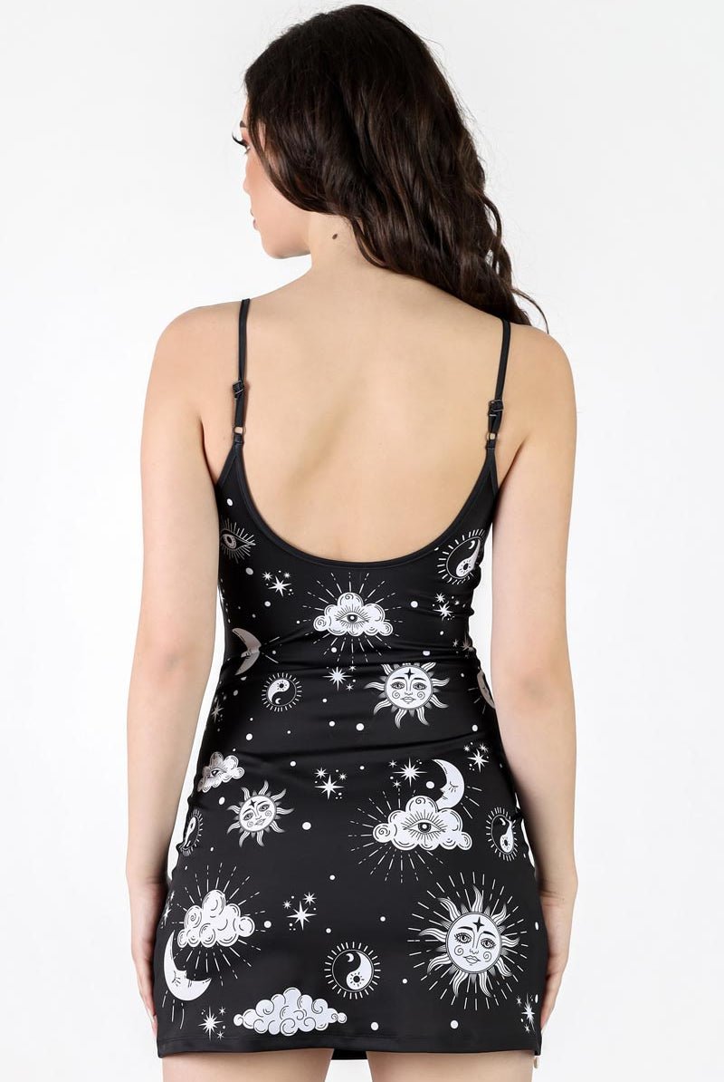 Midnight Sky Black Goth Mini Strappy Dress | Devil Walking Midnight Sky Black Goth Mini Strappy Dress | Devil Walking