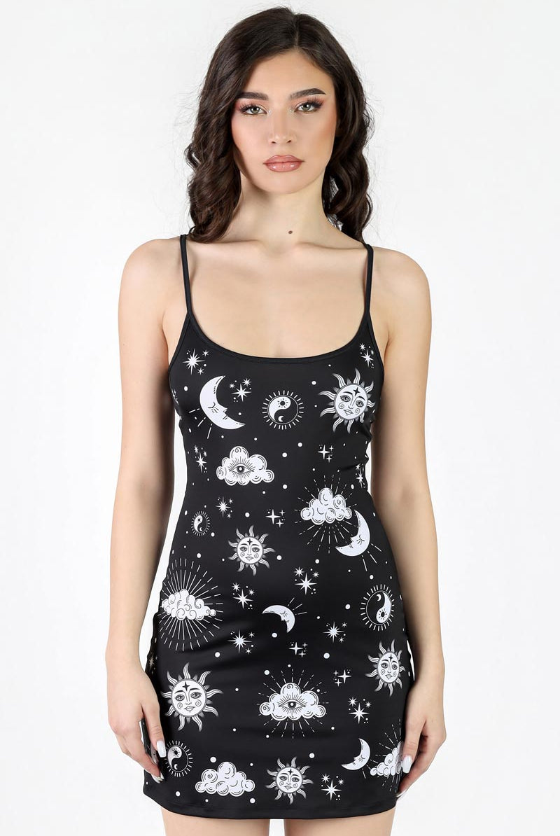 Midnight Sky Mini Strappy Dress, Goth Mini Dress, Black Sun & Moon Above the Knee Dress, Printed Celestial Spandex Dress, Gothic Short Dress, XS Midnight Sky Mini Strappy Dress, Goth Mini Dress, Black Sun & Moon Above the Knee Dress, Printed Celestial Spandex Dress, Gothic Short Dress, XS