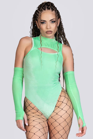 Minty Fresh High-Neck Keyhole Bodysuit - Green Velvet Stripper Outfit