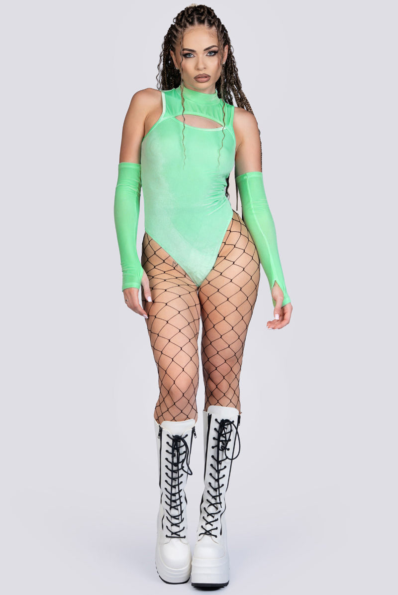 Minty Fresh High-Neck Keyhole Bodysuit - Green Velvet Pole Dance Outfit