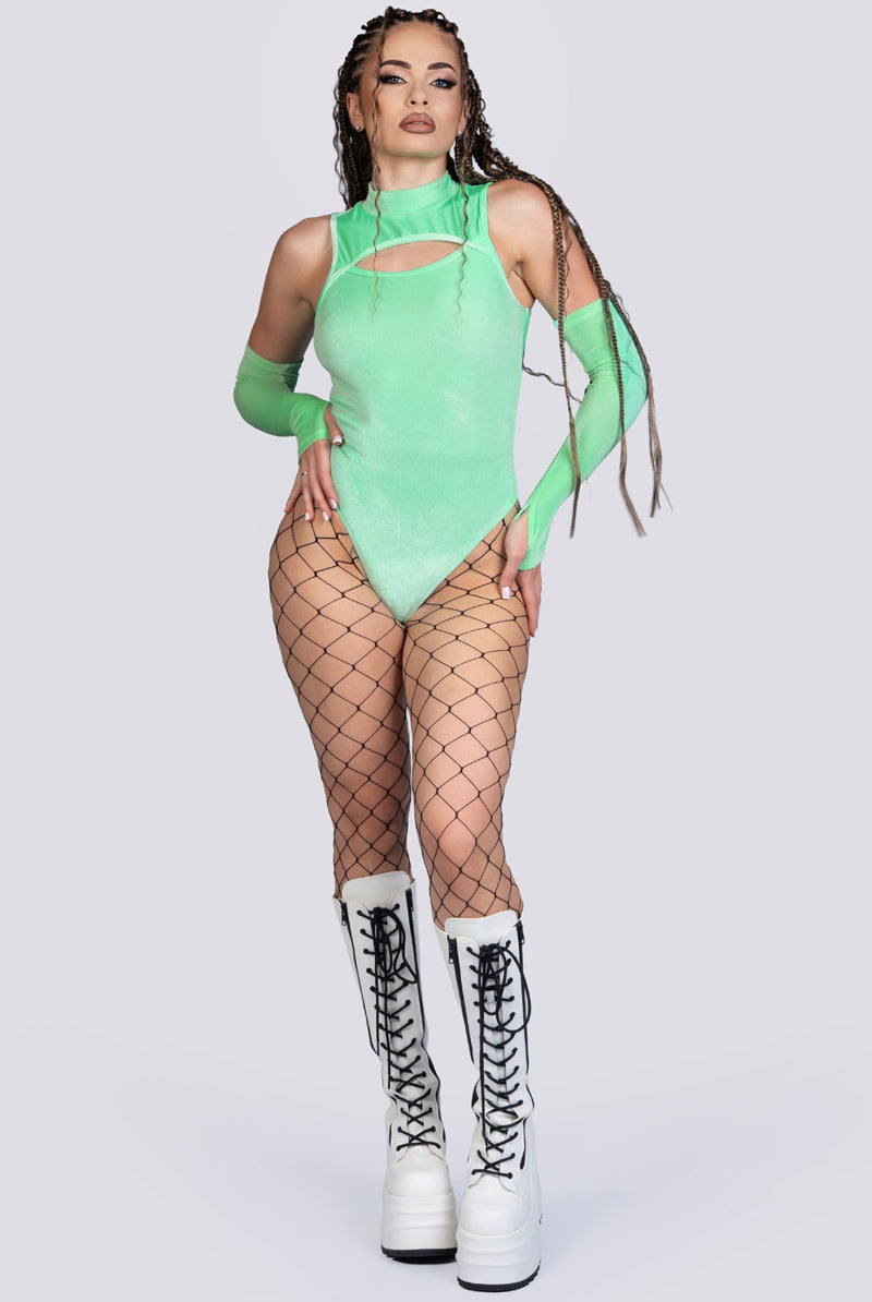 Minty Fresh High-Neck Keyhole Bodysuit - Green Velvet Exotic Dancewear