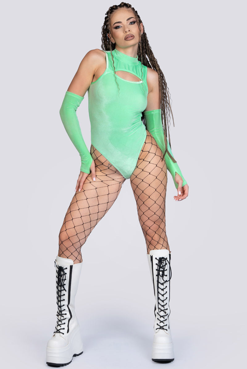 Minty Fresh High-Neck Keyhole Bodysuit - Green Velvet Pole Wear