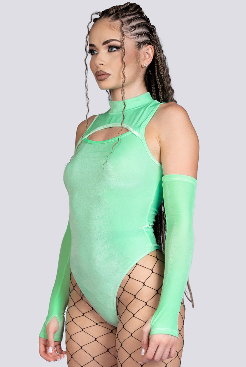 Minty Fresh High-Neck Keyhole Bodysuit - Green Velvet Stripper Wear