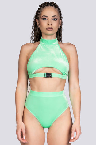 Minty Fresh Underboob Clasp Crop Top - Green Velvet