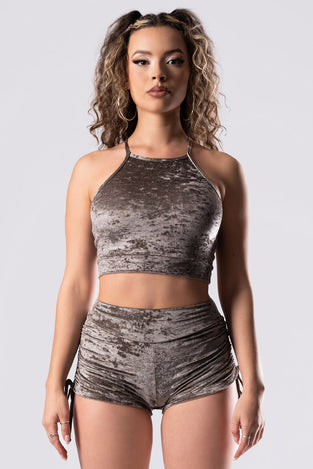 Rave Outfit Mocha Latte Crop Top Beige Velvet Close View