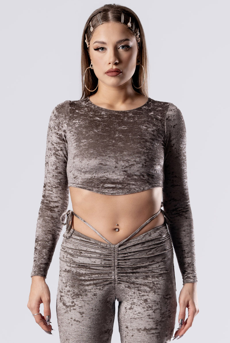 mocha-latte-hip-strap-flare-pants-set-beige-velvet-front-view