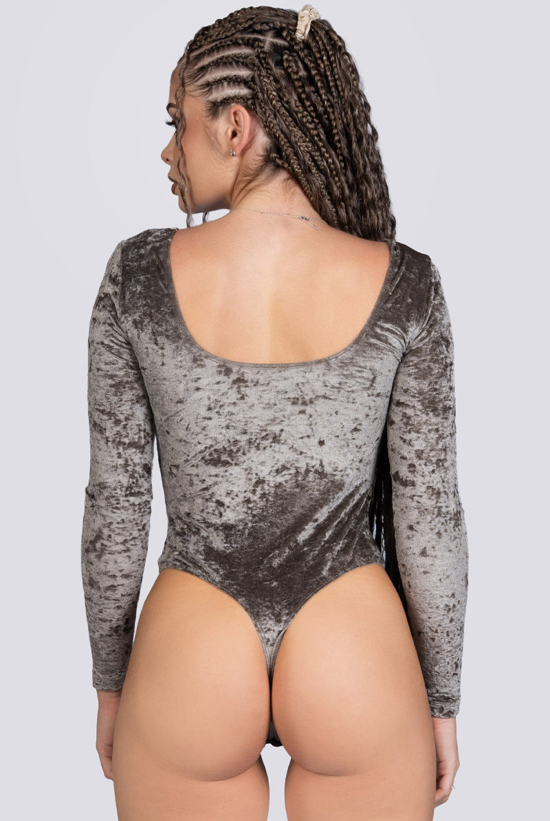Mocha Latte Long Sleeve Thong Bodysuit - Beige Velvet Dancewear