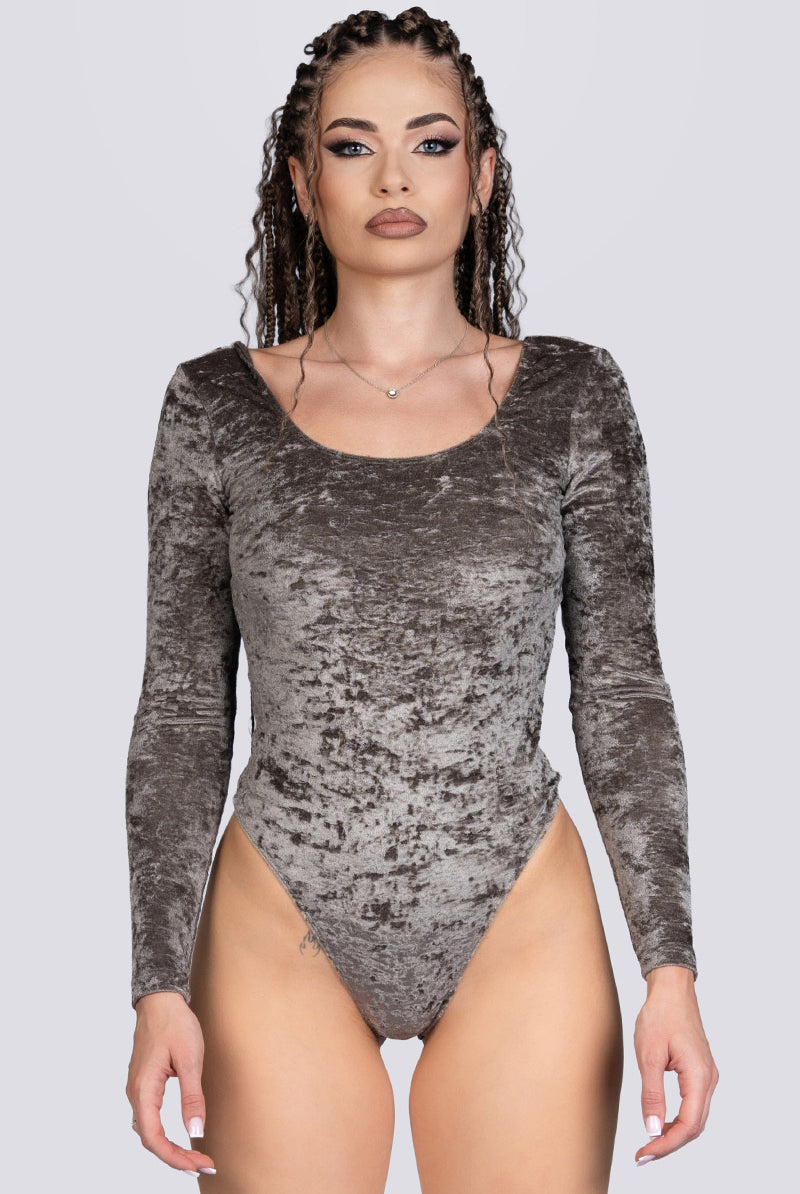 Mocha Latte Long Sleeve Thong Bodysuit - Beige Velvet Stripper Outfit