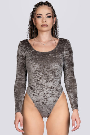 Mocha Latte Long Sleeve Thong Bodysuit - Beige Velvet Stripper Outfit