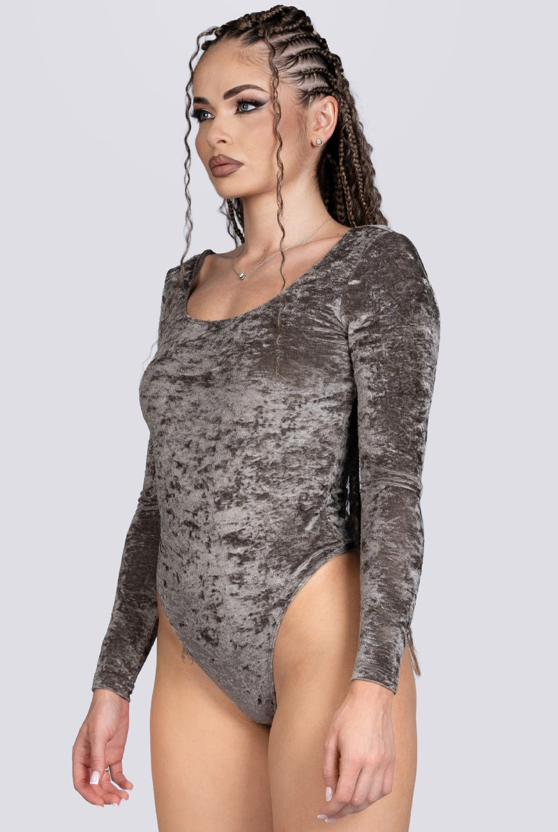 Mocha Latte Long Sleeve Thong Bodysuit - Beige Velvet Pole Wear