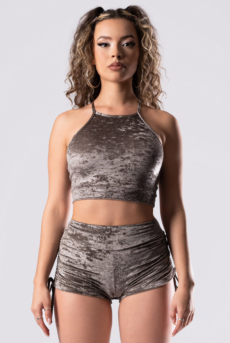 mocha-latte-tie-side-shorts-set-beige-velvet-close-front-view