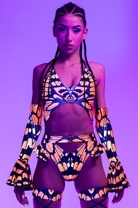 Rave Outfit Monarch Butterfly Cut Out Ruffle Shorts Set Close View Uv