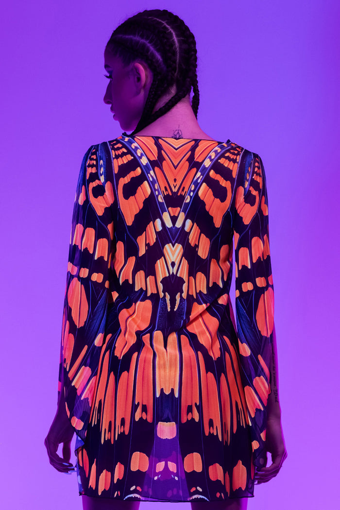 Rave Outfit Monarch Butterfly Mesh Slit Mini Dress Back View Uv