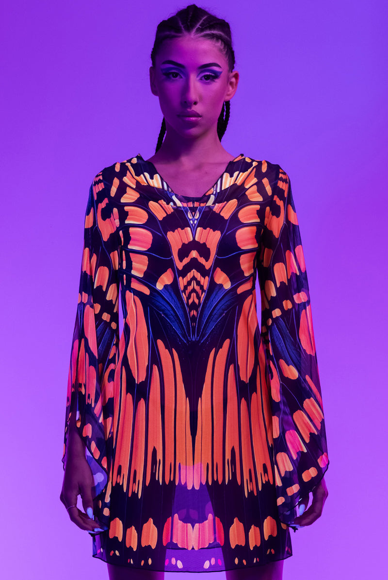 monarch-butterfly-mesh-slit-mini-dress-close-view-uv