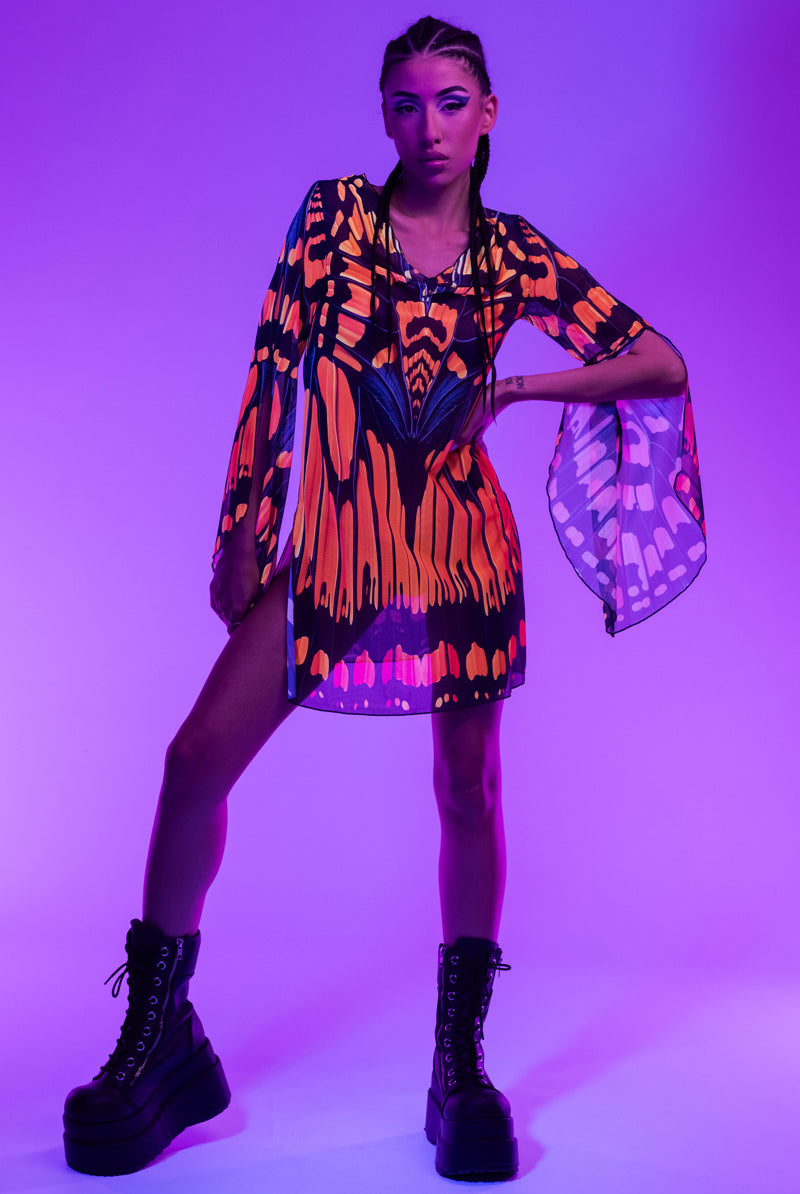Monarch Butterfly Mesh Slit Mini Dress | Devil Walking Monarch Butterfly Mesh Slit Mini Dress | Devil Walking