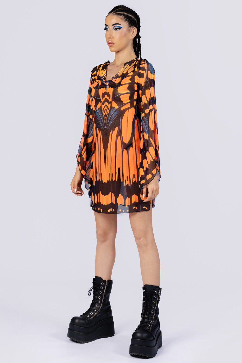 Monarch Butterfly Mesh Slit Mini Dress