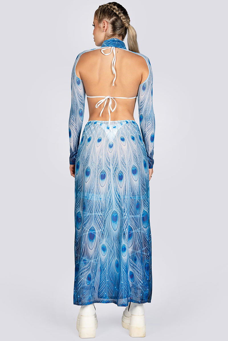 Moon Peacock Cut Out Maxi Mesh Dress Rave Halloween Wear