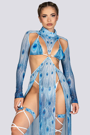 Moon Peacock Cut Out Maxi Mesh Dress Rave Halloween Outfit