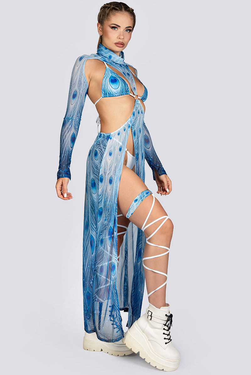 Moon Peacock Cut Out Maxi Mesh Dress Rave Halloween Clothes