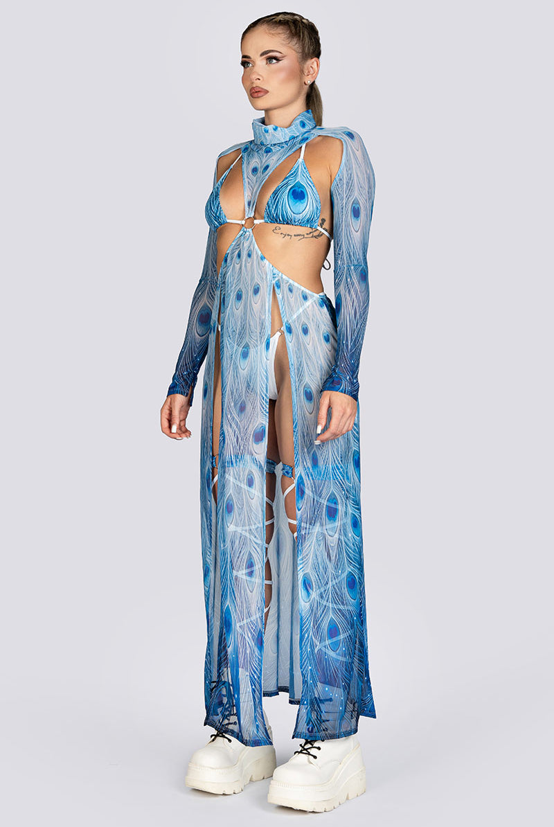 Moon Peacock Cut Out Maxi Mesh Dress Rave Halloween Costume Women