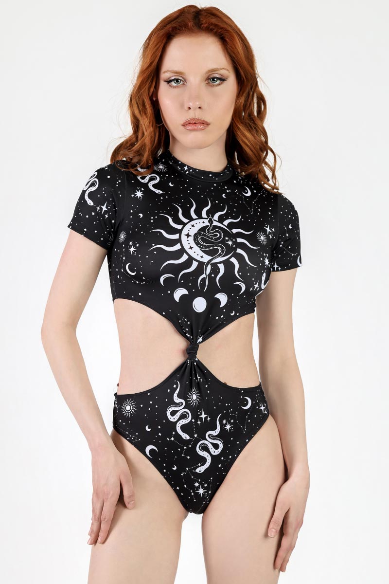 Moon Whispers Knot Front Cut Out Bodysuit Front View