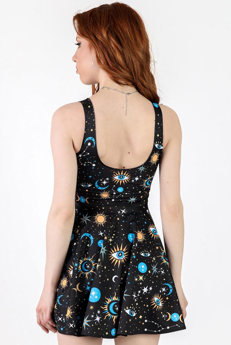 Moonlight Esoterica Cut Out Skater Dress, Celestial Circle Dress, Black Zodiac Skater Dress, Printed Summer Dress, Above the Knee Sun & Moon Dress, XS
