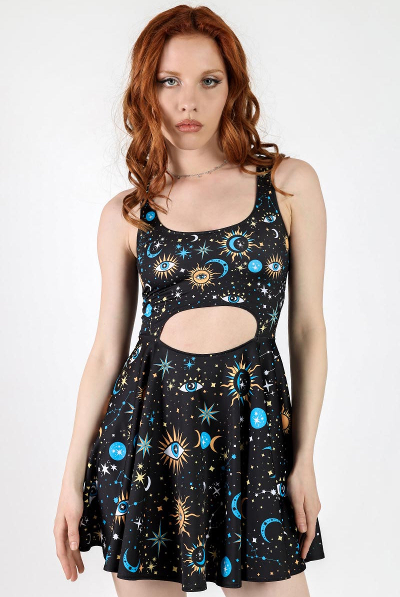 Moonlight Esoterica Cut Out Skater Dress, Celestial Circle Dress, Black Zodiac Skater Dress, Printed Summer Dress, Above the Knee Sun & Moon Dress, XS
