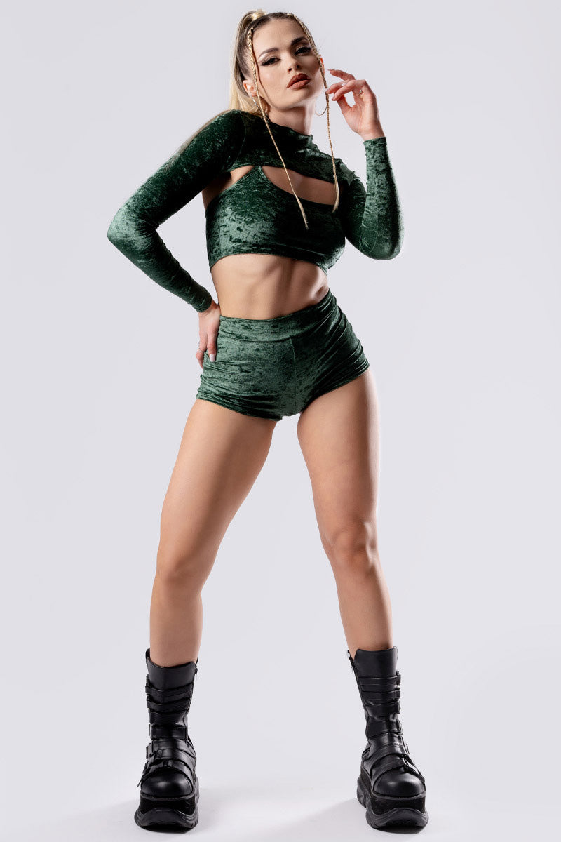 moss-babe-booty-shorts-set-green-velvet-front-view