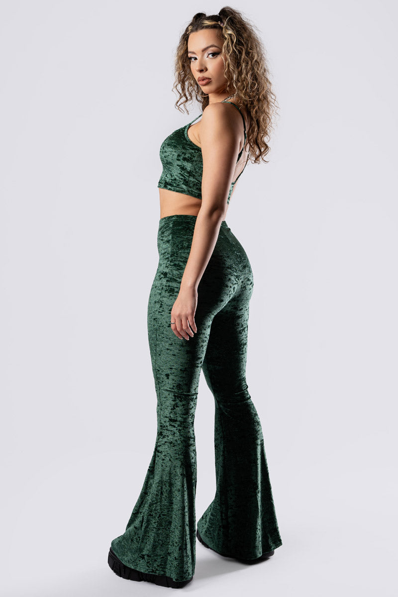 moss-babe-flare-pants-set-green-velvet-back-side-view