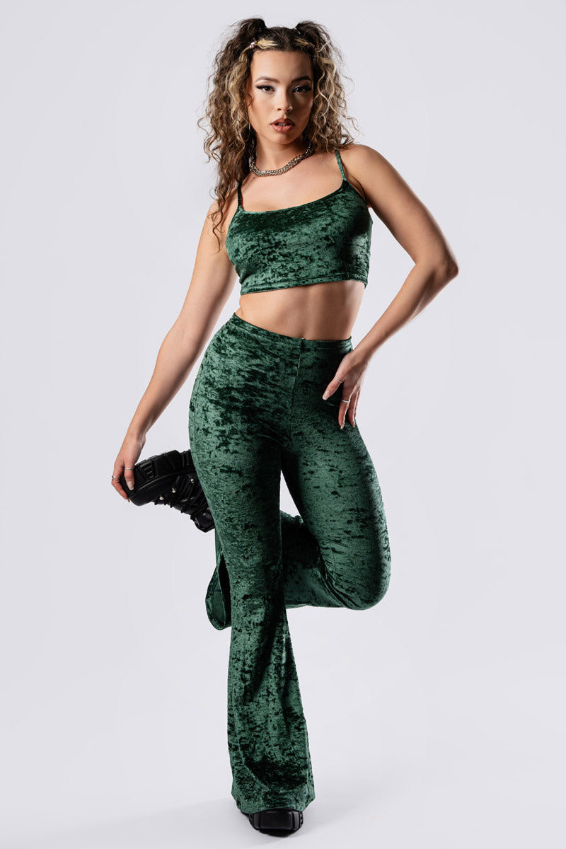 moss-babe-flare-pants-set-green-velvet-front-view