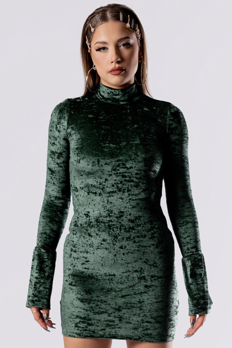 Moss Babe High Neck Bodycon Dress - Green Velvet