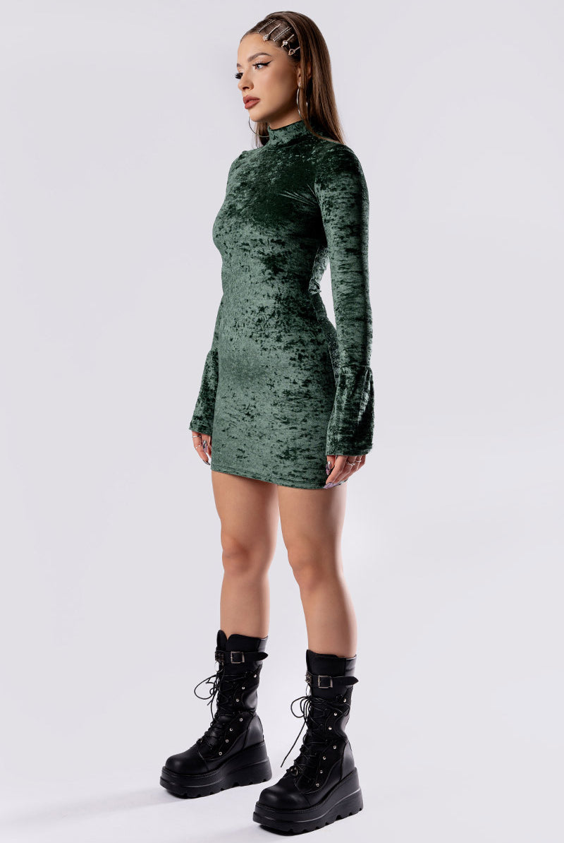moss-babe-high-neck-bodycon-dress-green-velvet-side-view