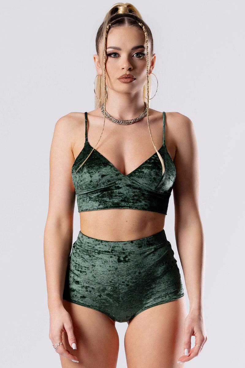 moss-babe-high-rise-booty-shorts-set-green-velvet-close-view