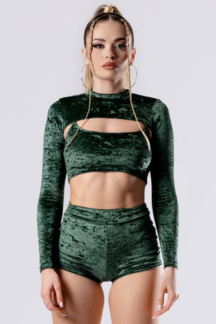 Rave Outfit Moss Babe Long Sleeve Crop Top Green Velvet Close View